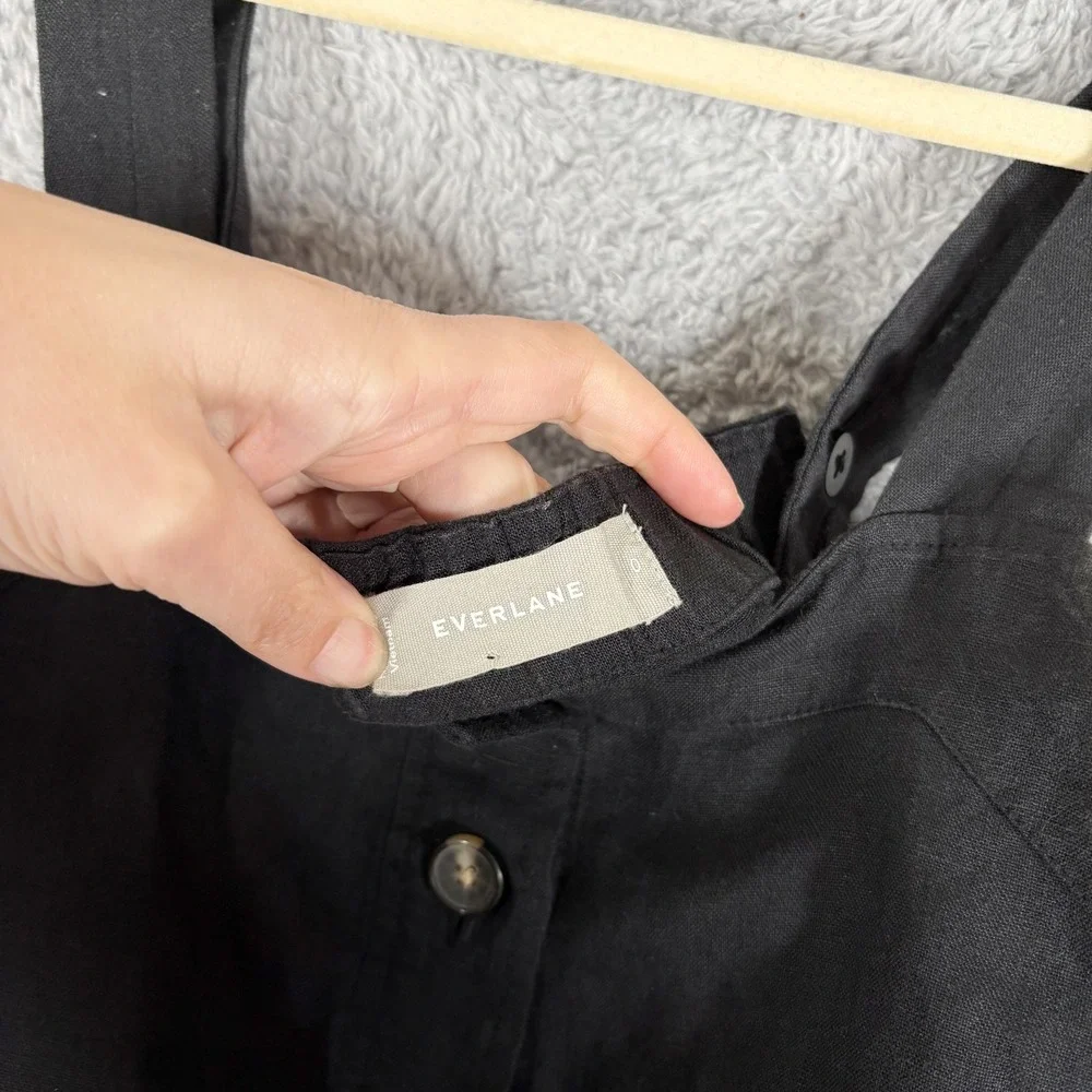 Everlane Linen Picnic Straight Leg Jumpsuit Size 0 Black Sleeveless Button Front